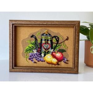 Vintage Crewel Wall Art Embroidery Teapot & Fruit Framed Wall Hanging 70's Retro